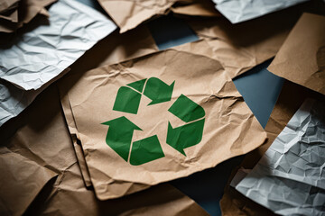 A close up of crumpled paper with a green recycle symbol on top of other crumpled paper pieces