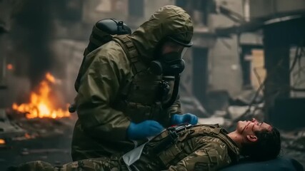 Soldier in protective gear administering aid to an injured comrade amidst a war-torn urban landscape