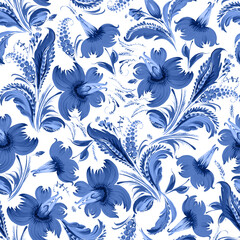 Obraz premium Floral seamless pattern of blue flowers and leaves on a white background