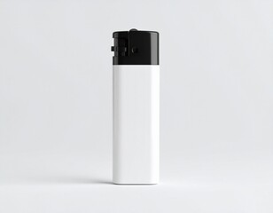 mockup of a white gas lighter with a black top, minimal style, isolated on a light grey background