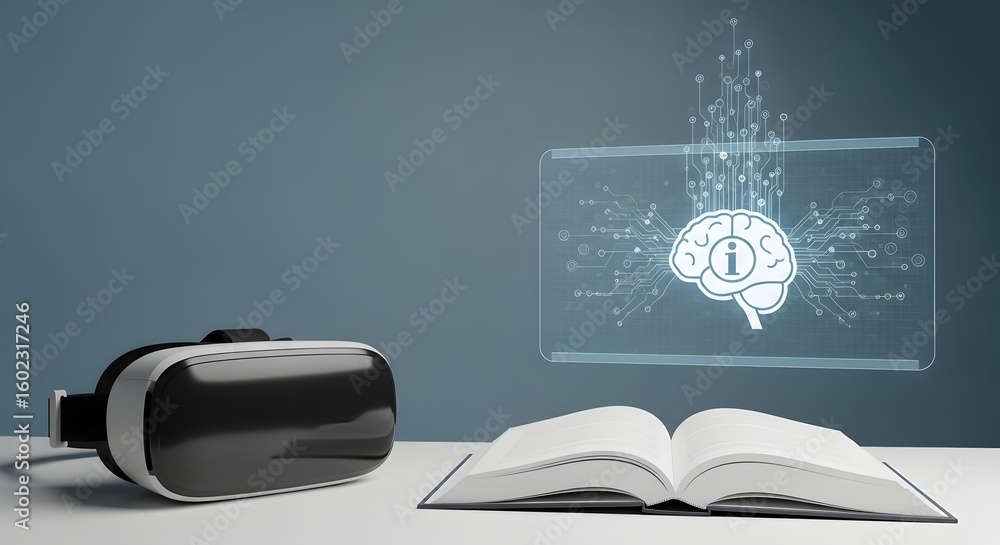 Poster conceptual image of virtual reality education, showcasing a vr headset and book with a brain hologra