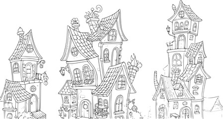 a whimsical cityscape in sketch style, featuring various stacked houses, black-and-white