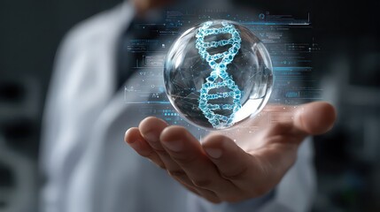 Doctor holding a dna structure inside a glass sphere with digital interface elements around it