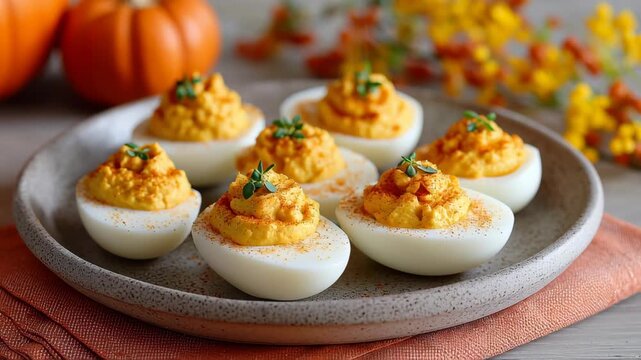 Fall appetizers deviled eggs with pumpkin tinted yolk filling