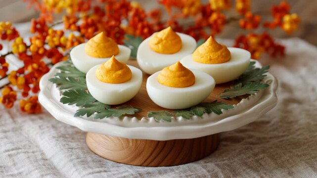 Fall appetizers deviled eggs with pumpkin tinted yolk mix on a fall themed platter