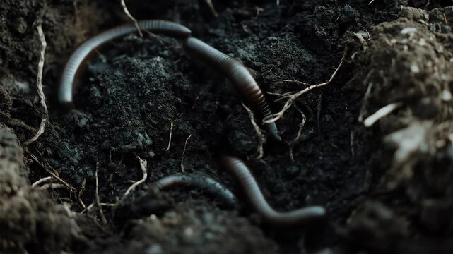 Observe these earthworms wriggling through rich, dark soil, contributing to essential composting and soil health, perfect for agriculture and nature themes.