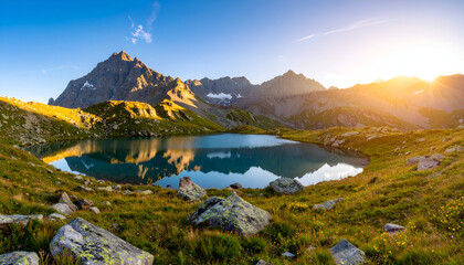 Sunlit Alpine Lake Surrounded by Rugged Peaks