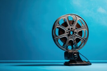 Naklejka premium Retro film reel against a blue backdrop embodying classic cinema and storytelling