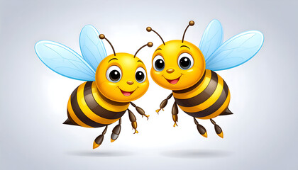 Two Cute Yellow Cartoon Bees Flying Over Soft White Gradient Background