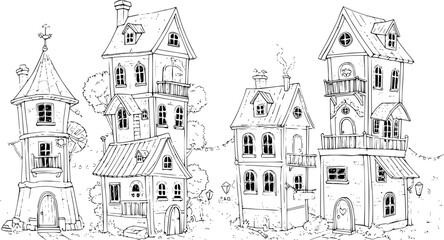 Obraz premium a whimsical cityscape in sketch style, featuring various stacked houses, black-and-white