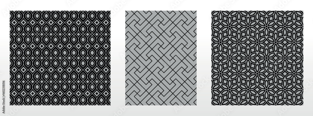 Poster geometric set of seamless black and gray patterns. simple vector graphics