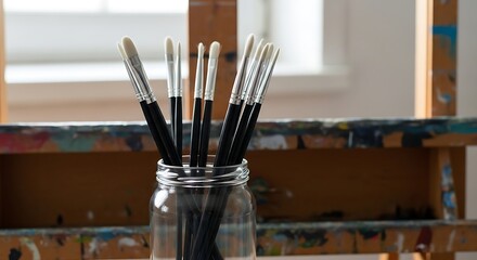 Close-up of paintbrushes in a glass jar with artist's easel backdrop