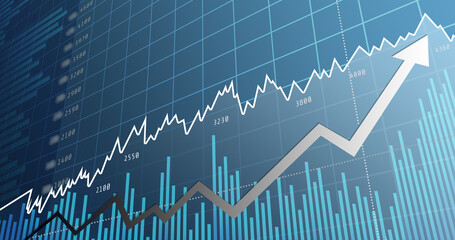 Financial data chart with upward trend, showing rising stock market graph, bar data, and arrow symbolizing business growth, stock analysis, trading success, and market performance.
