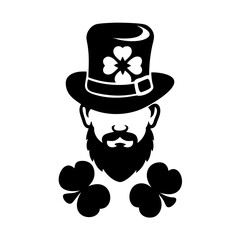 Black and White St. Patrick's Day Silhouette with Leprechaun Hat icon vector