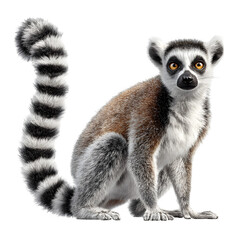 Fototapeta premium Ring-tailed lemur front-facing with curious expression and long striped tail curled behind and realistic texture and isolated white background Batch realistic clean bright simple modern stock imag