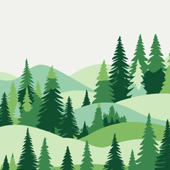 Obraz premium Minimalist Vector Forest Landscape with Evergreen Trees in Green Tones