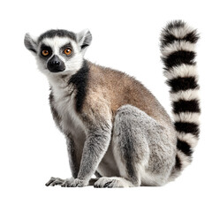 Obraz premium Ring-tailed lemur front-facing with curious expression and long striped tail curled behind and realistic texture and isolated white background Batch realistic clean bright simple modern stock imag