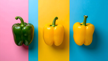 Three Bell Peppers in a Row- Vibrant Colors on a Two-Toned Background