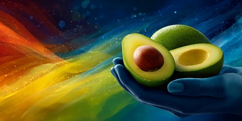 A fresh avocado in hand with a lively, artistic background