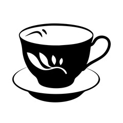 Elegant Teacup with Leaf Design on Saucer in Black and White icon vector