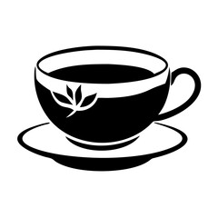 Elegant black and white teacup with leaves on saucer vector image icon vector