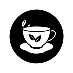 Minimalist Tea Cup with Steaming Leaves on a Round Black Background icon vector
