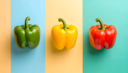 Three Bell Peppers in a Row- Vibrant Colors on a Two-Toned Background