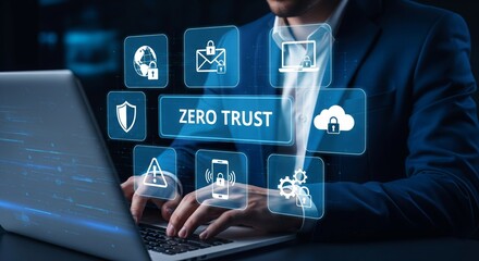 Zero Trust Cybersecurity Concept with Glowing Security and Businessman Using Laptop  Data Protection and Access Control Visualization