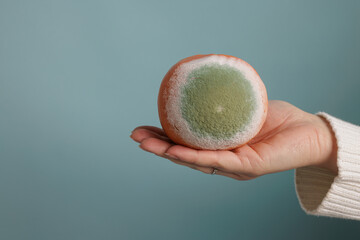 Spoiled Moldy Orange in Hand Isolated on Blue Background Expired Food Concept and Health Hazard