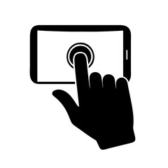 Black silhouette of a hand touching a digital tablet touchscreen interface icon vector