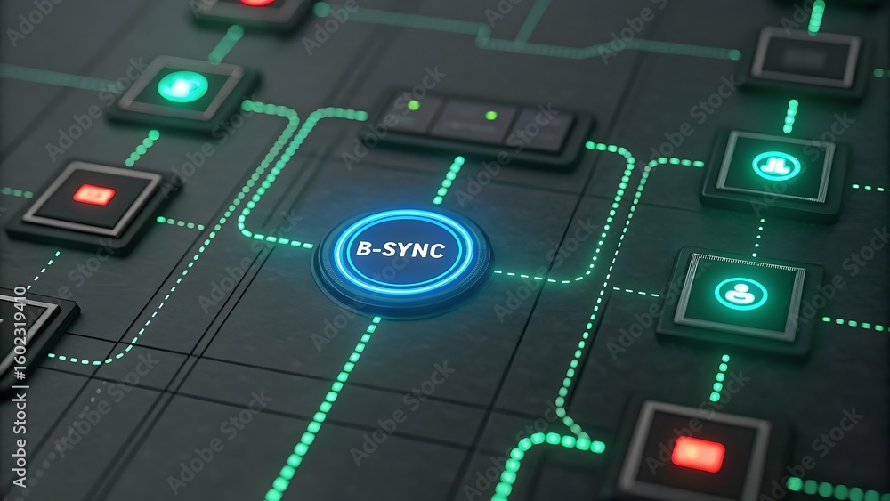 Aufkleber futuristic glowing e sync button at the center of a complex illuminated circuit board network