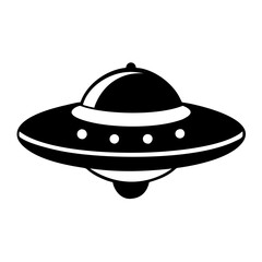 Simple stylized black and white flying saucer craft is flying high above icon vector