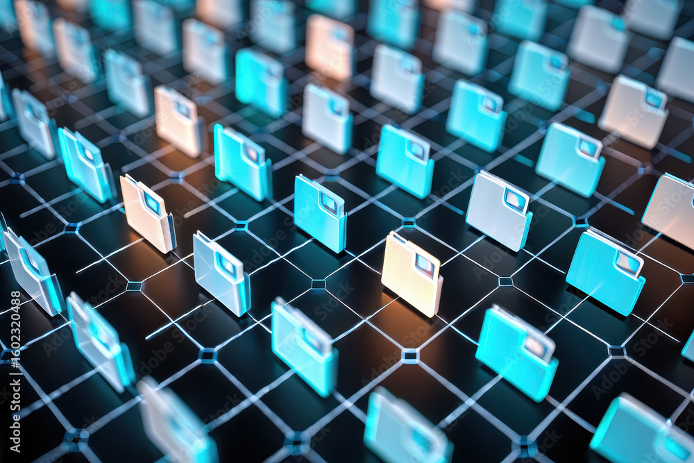 Aufkleber array of folders connected by a network grid representing data storage and organization system