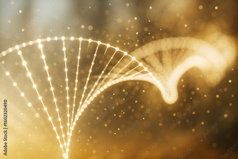 Aufkleber glowing abstract dna strand made of light particles on golden bokeh background representing futurist