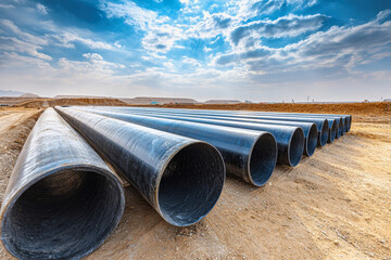 Black industrial pipes arranged on a desert construction site for underground energy and water transportation lines