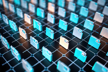 Array of folders connected by a network grid representing data storage and organization system
