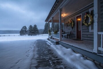 Cozy snowfall evening on a wooden porch with christmas wreaths