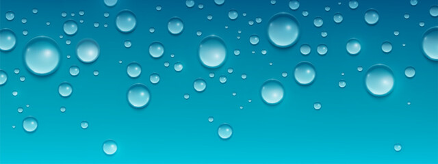 Waterdrop beads on blue surface - crystal clear droplets with shadows, various sizes of pure water spheres scattered on smooth backdrop. Fresh moisture elements for beverage advertising, rain effects.