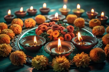 Warm diya lamps and marigold flowers illuminate a festive celebration