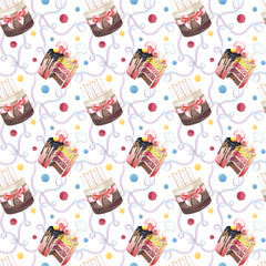 Watercolor seamless pattern with hand-drawn cakes, candles, ribbons and confetti. Festive illustration for packaging, wallpaper, textiles, scrapbooking. A template for decorating holidays.
