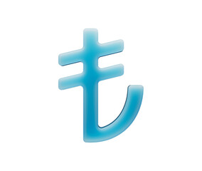 A soft, light blue Turkish Lira symbol with a matte finish and subtle glowing edges. 3d Illustration