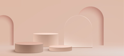 Beige podium composition with three cylinder platforms and arch backdrop. Cream minimalist display for product presentation with circular pedestals. Elegant stage design for luxury beauty ad.