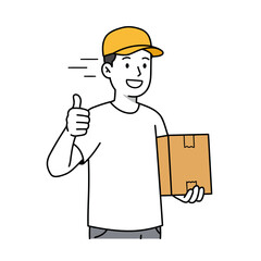 Man with a yellow cap giving thumbs up holding a brown cardboard box