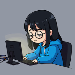 Cartoon girl in blue hoodie with glasses types on a computer next to books in a gray room