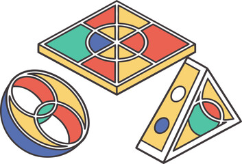Abstract geometric shapes with stained glass patterns in primary colors and teal presented in an isometric perspective against a white background