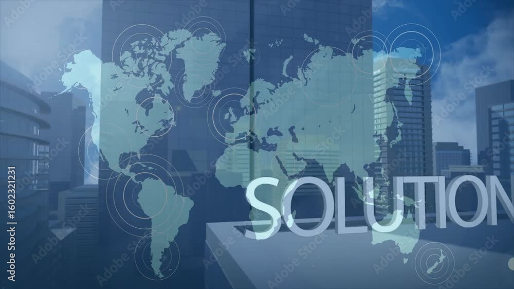 Poster upon faded map appearing, circles pulsing and text sliding focus shifting to solution success