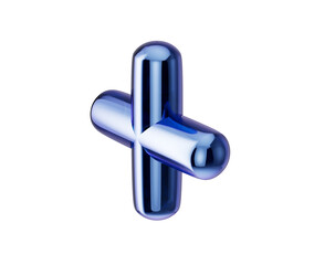 3d Blue plus symbol with a smooth, reflective metallic surface and rounded edges. 3d illustration