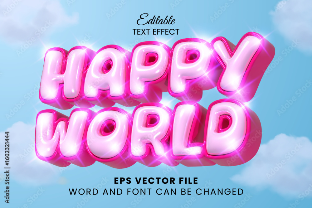 Poster happy world pink inflated text style. glossy inflate editable vector text effect