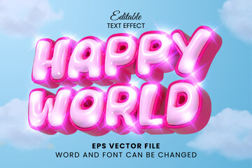 Happy world pink inflated text style. Glossy inflate editable vector text effect