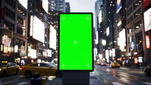 Billboard Mockup with Green Screen in Busy City Street